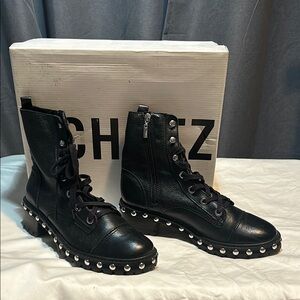 New Schutz waterproof Black Studded Boots high ankle women’s 9.5 Combat boots